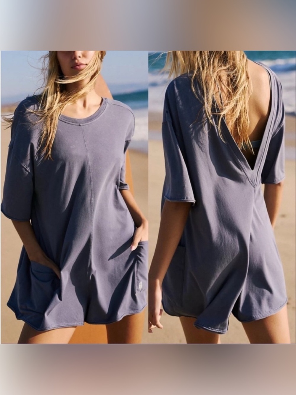 NWOT Free People FP Movement Hot Shot Tee Romper - Blue indigo navy - XL